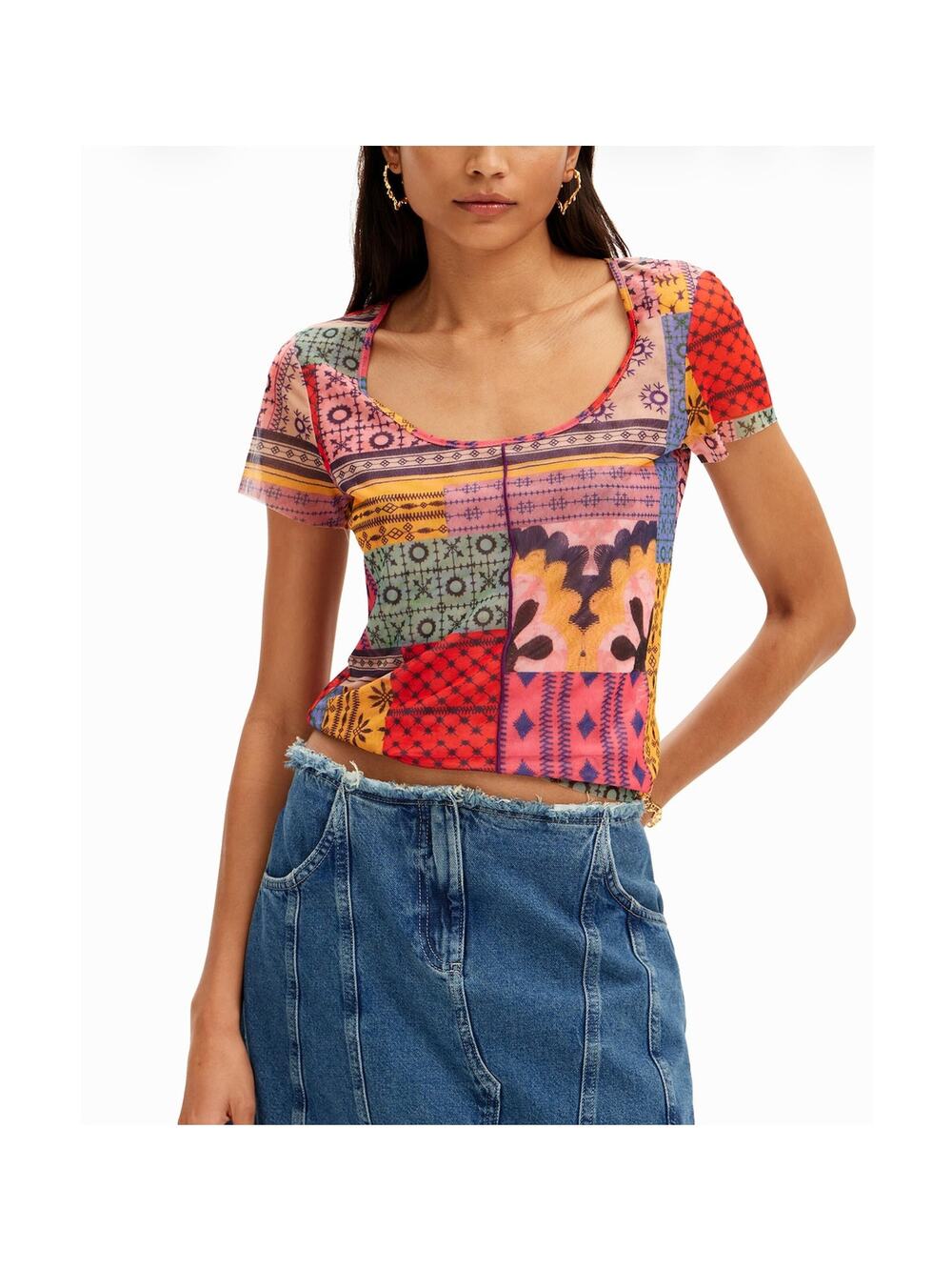 Desigual M Multi Patchwork Blouse Artistic Boho Designer Lightweight